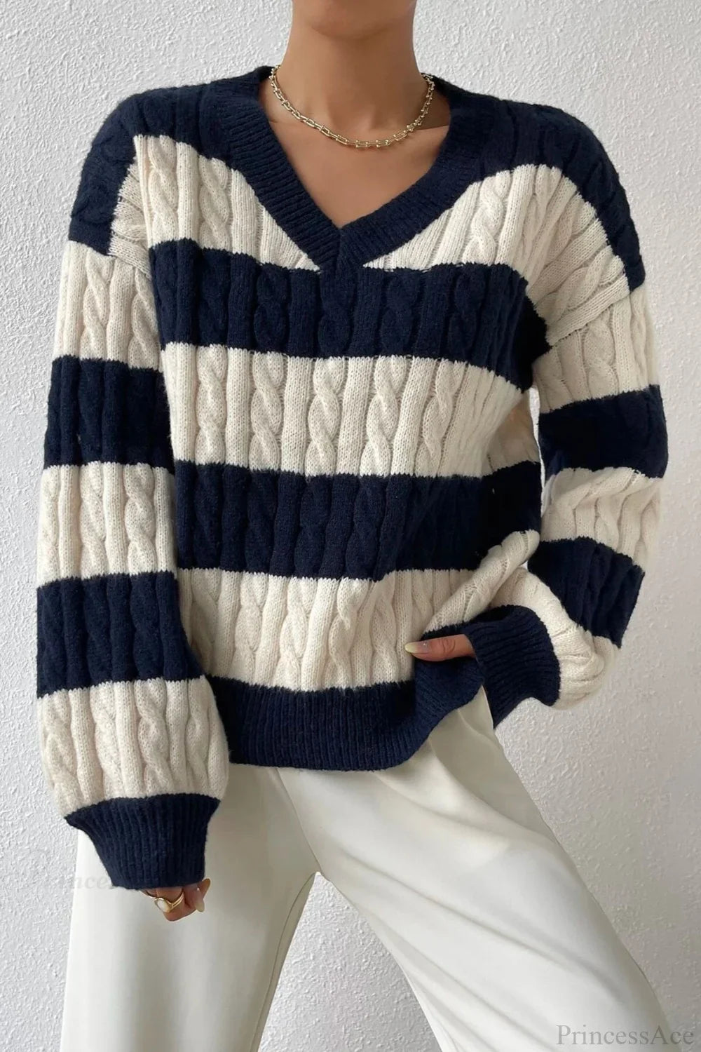 Lazy Loose V-neck Cable Knit Colorblock Stripe Sweater image 3