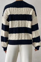 Lazy Loose V-neck Cable Knit Colorblock Stripe Sweater image 4