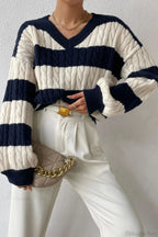 Lazy Loose V-neck Cable Knit Colorblock Stripe Sweater image 2