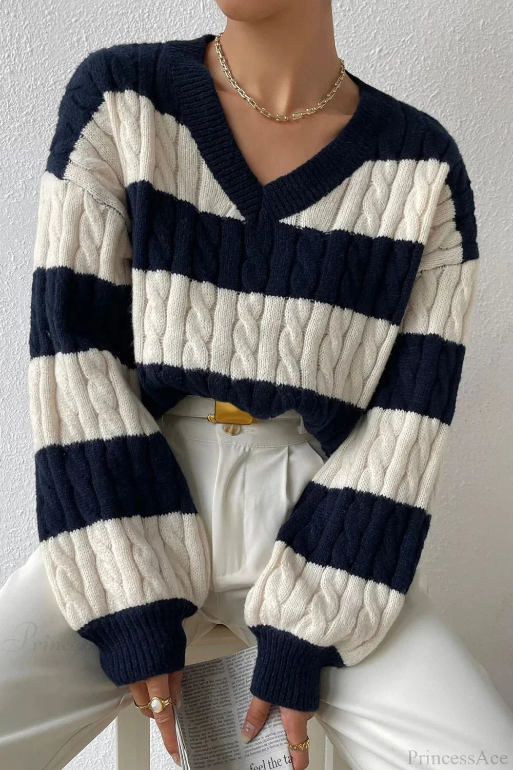 Lazy Loose V-neck Cable Knit Colorblock Stripe Sweater image 1