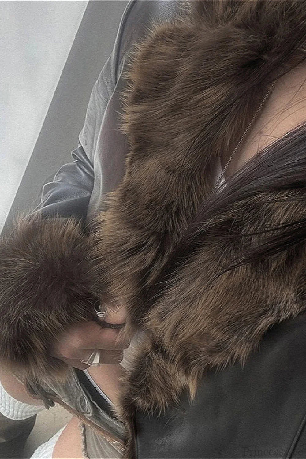 Leather Faux Fur Panel Collared Fitted Warm Coat image 3