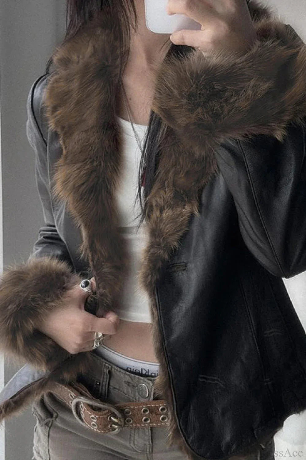 Leather Faux Fur Panel Collared Fitted Warm Coat image 1