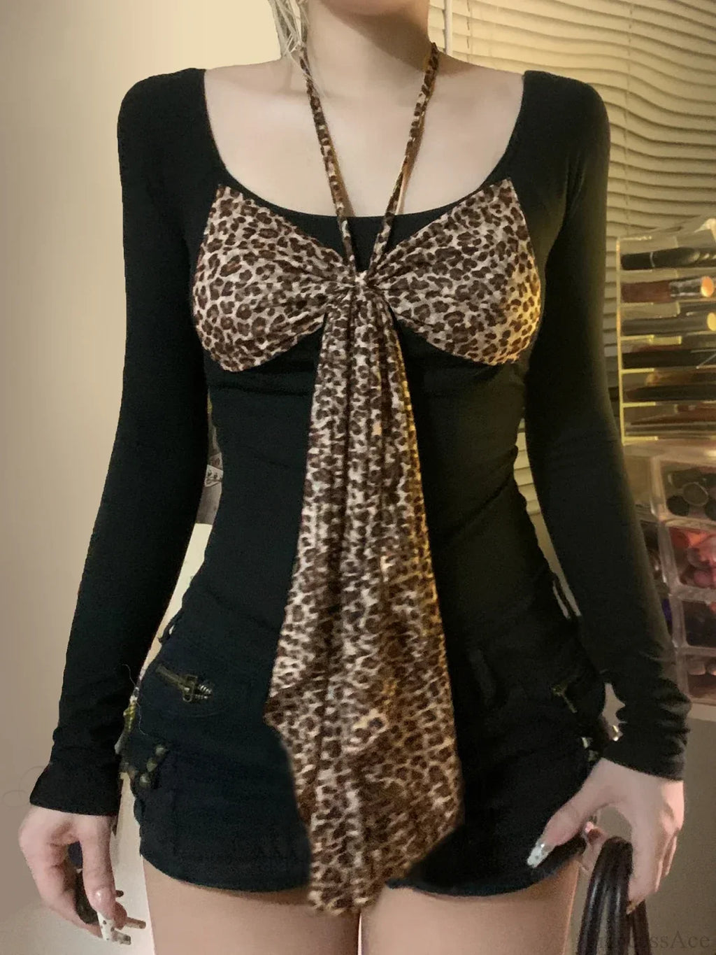 Leopard Bow Halter Knit Top image 1