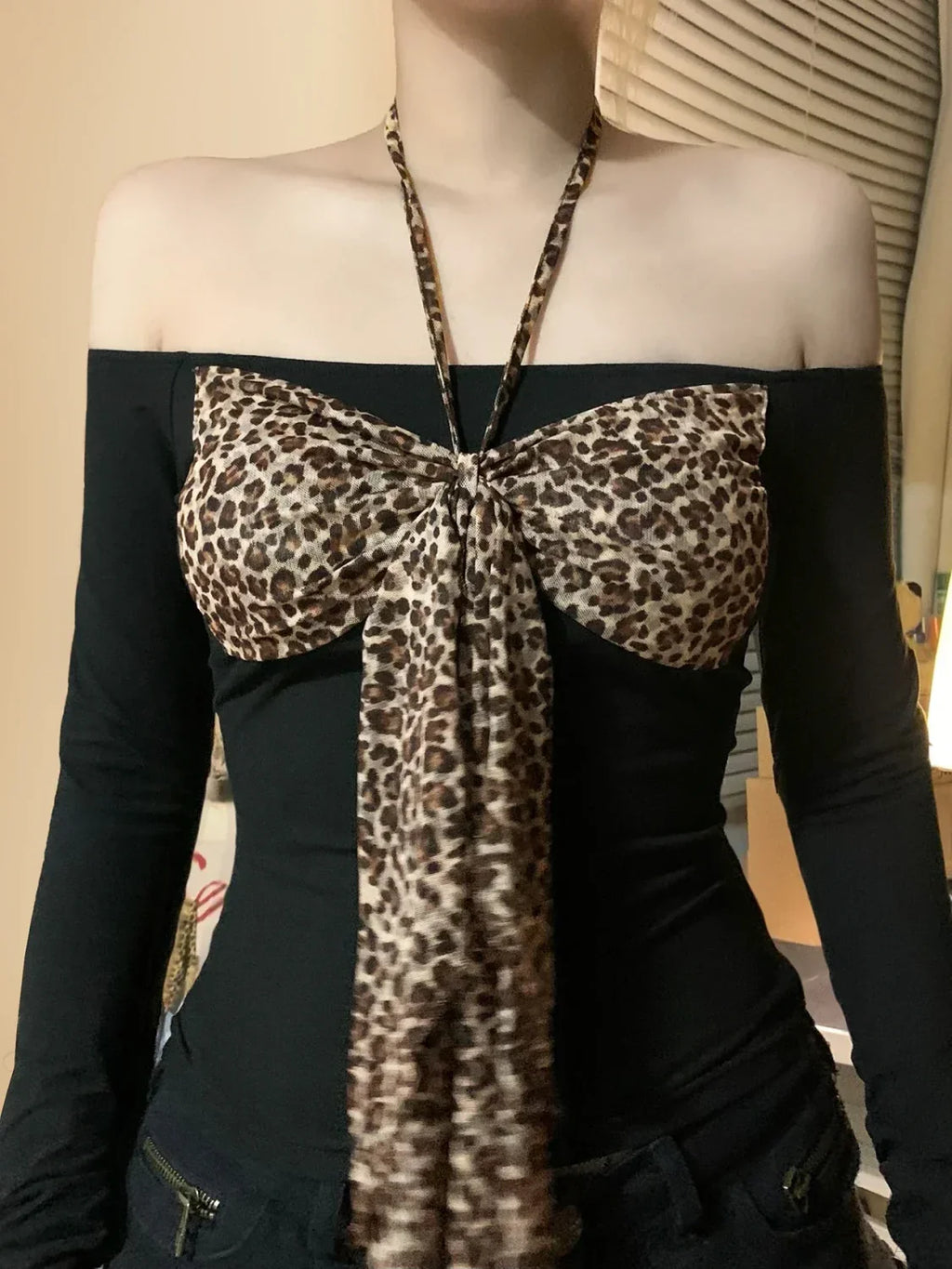 Leopard Bow Halter Knit Top image 3