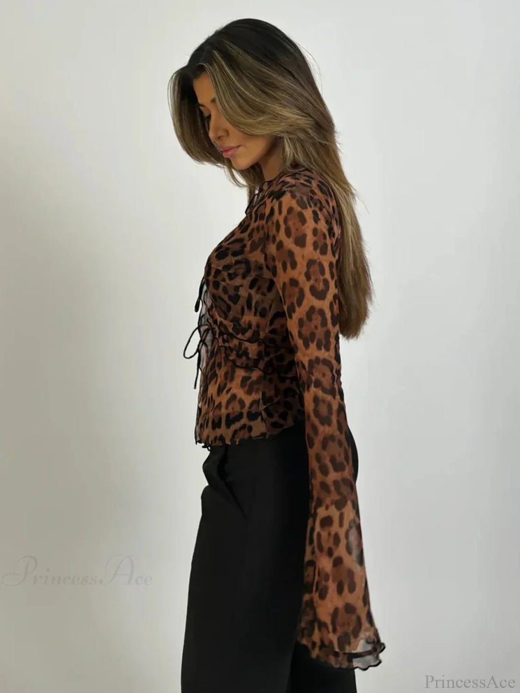 Leopard Mesh See-Through Tie-Front Blouse image 5