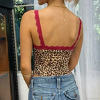 Leopard Print Coquette Lace Trim V Neck Spaghetti Strap Sexy Sleeveless Crop Top image 2
