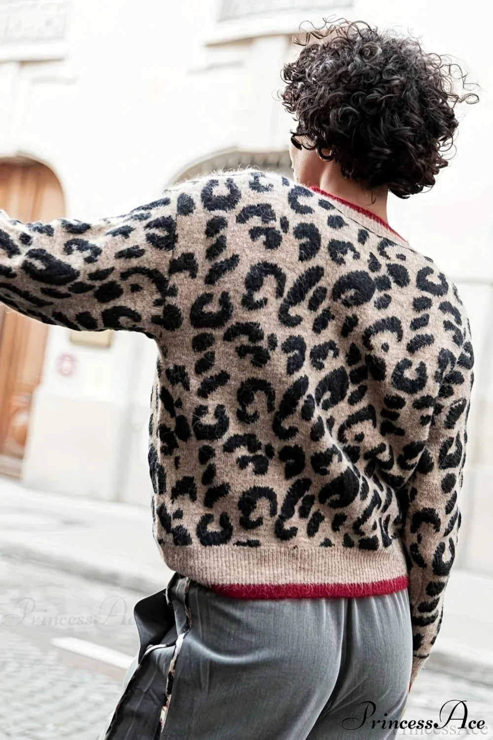 Leopard Print Crewneck Cardigan Sweater image 4