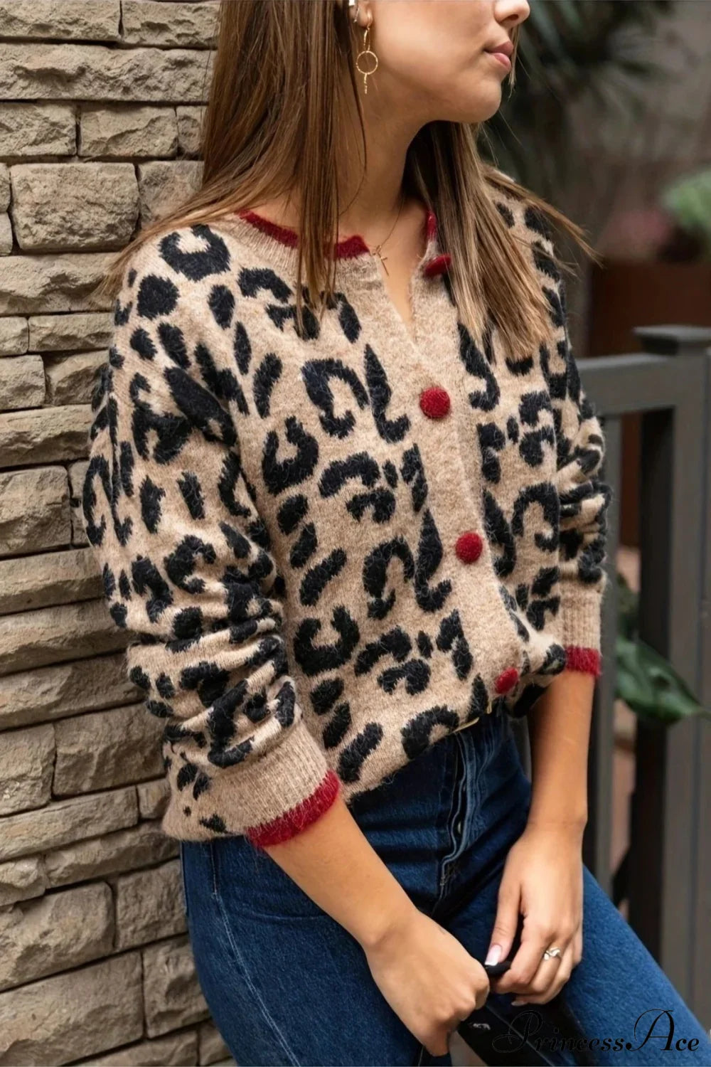 Leopard Print Crewneck Cardigan Sweater image 3