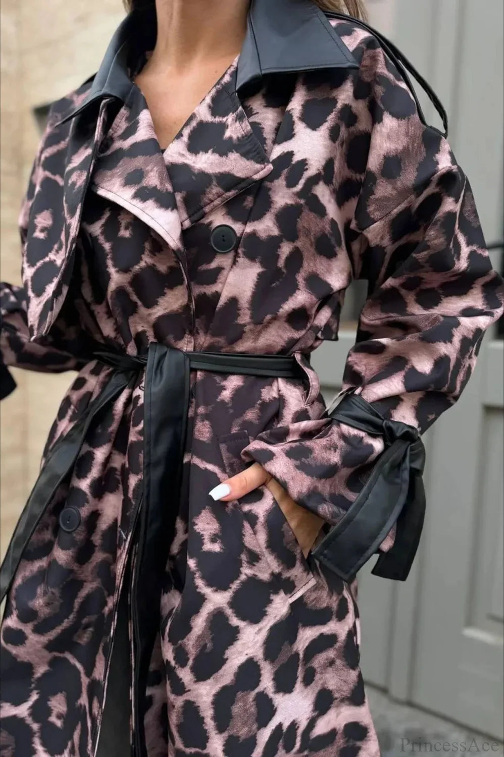 Leopard Print Faux Leather Oversized Elegant Longline Overcoat image 2