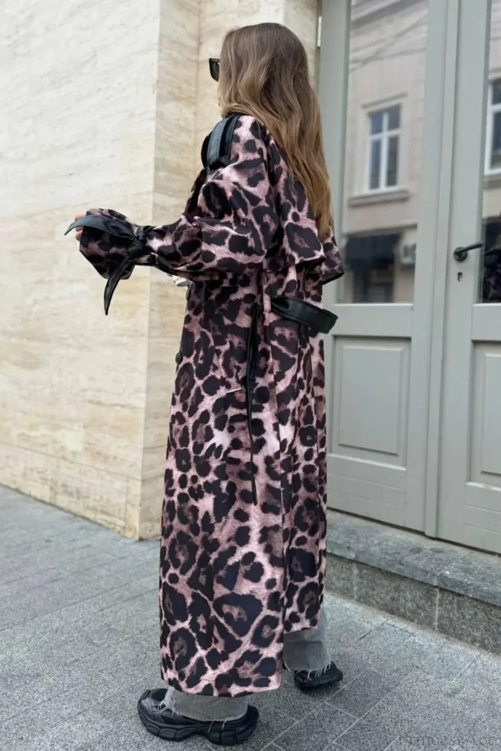 Leopard Print Faux Leather Oversized Elegant Longline Overcoat image 3