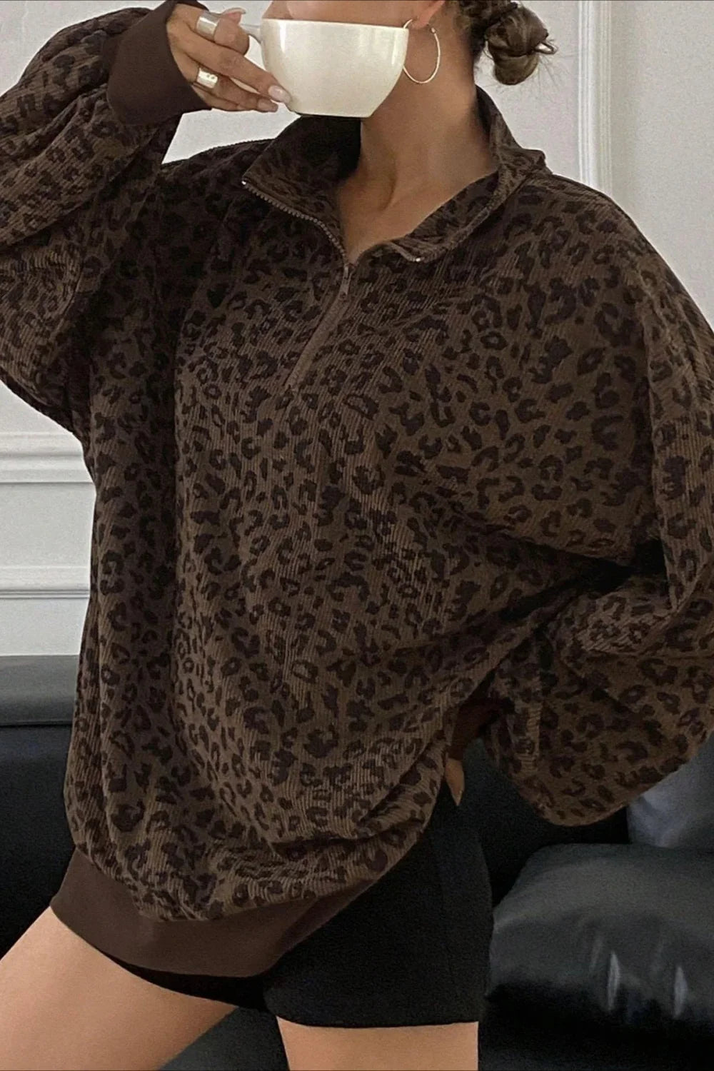 Leopard Print Half-Zip V-Neck Long Sleeve Sweatshirt image 13