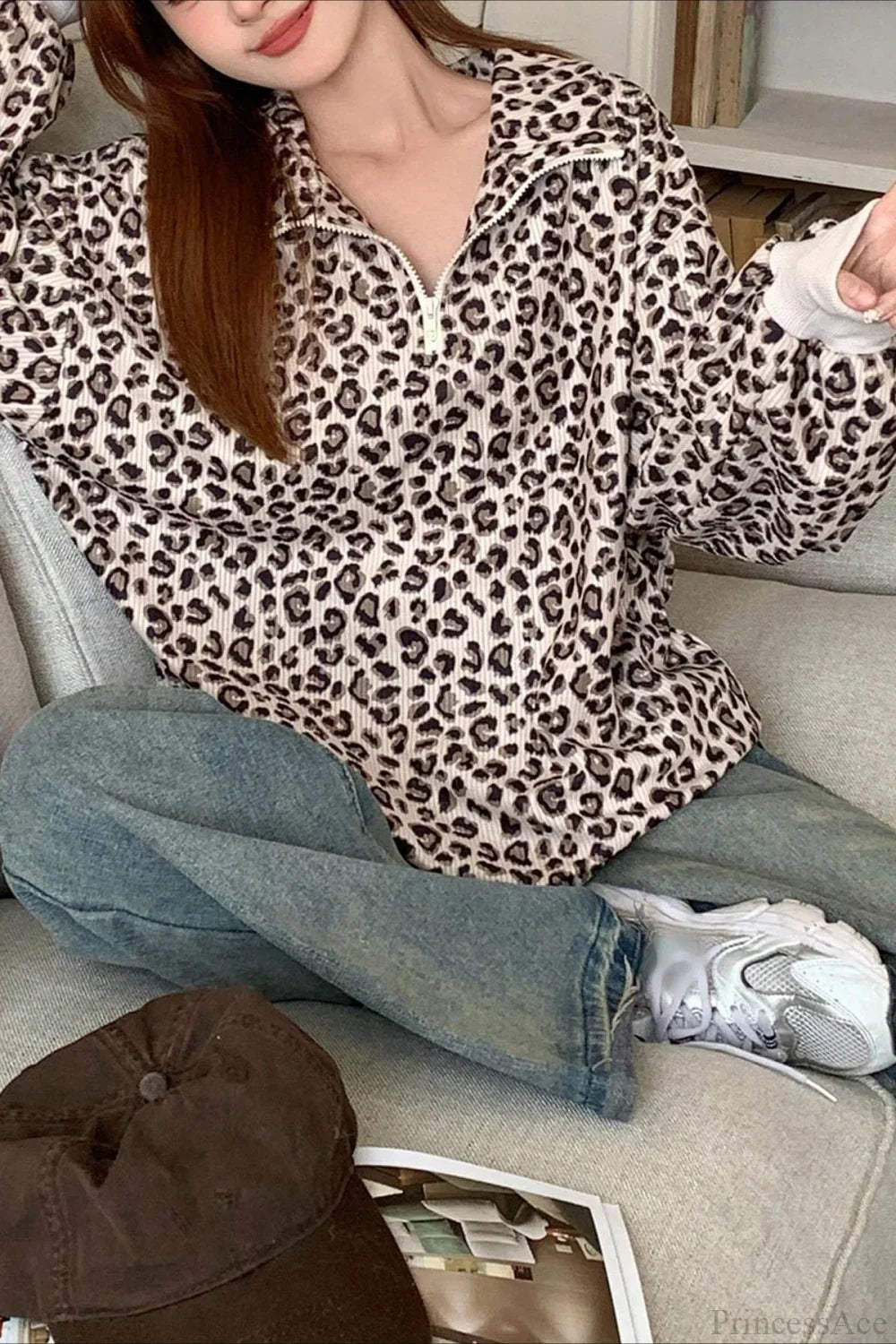 Leopard Print Half-Zip V-Neck Long Sleeve Sweatshirt image 6