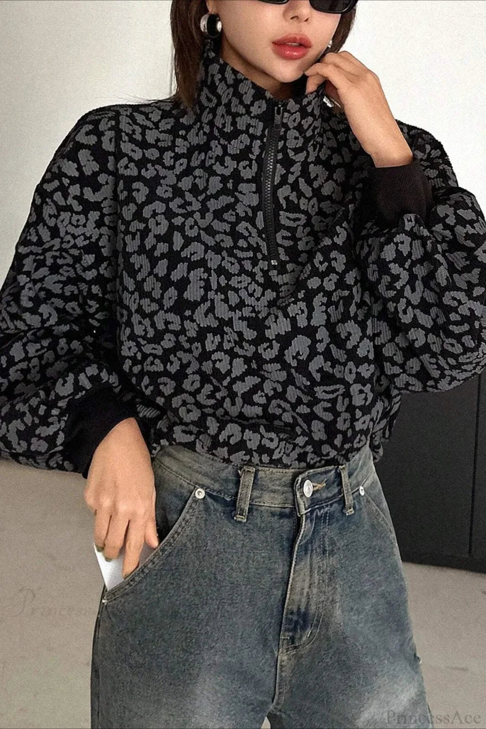 Leopard Print Half-Zip V-Neck Long Sleeve Sweatshirt image 10