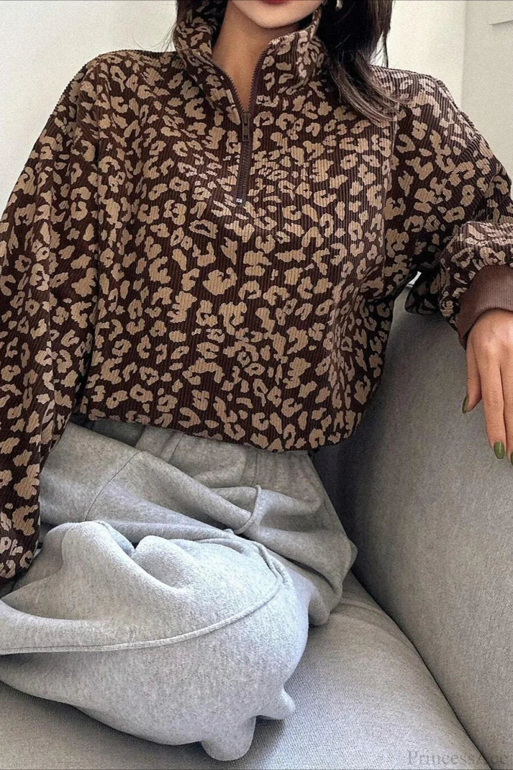 Leopard Print Half-Zip V-Neck Long Sleeve Sweatshirt image 2