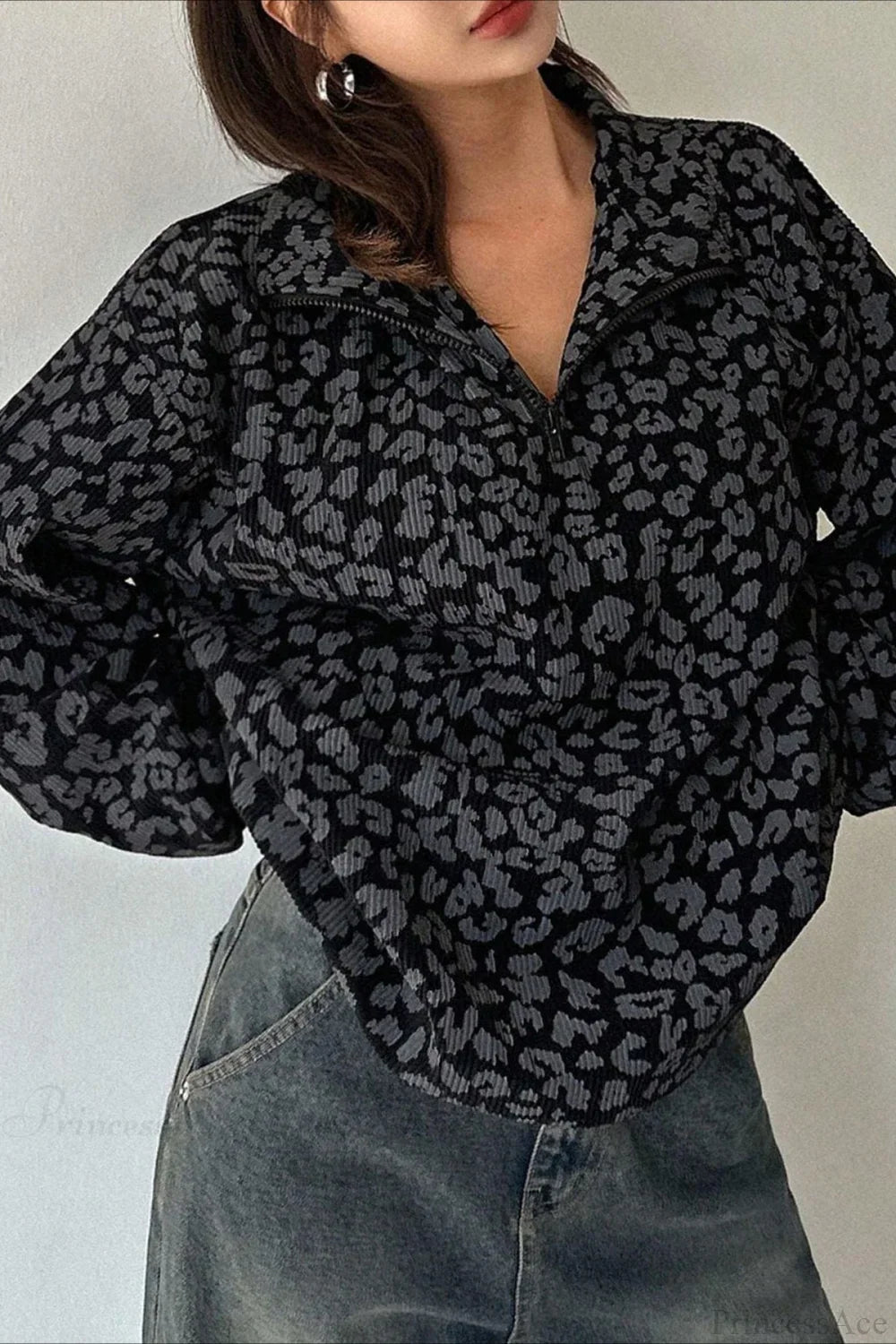 Leopard Print Half-Zip V-Neck Long Sleeve Sweatshirt image 8
