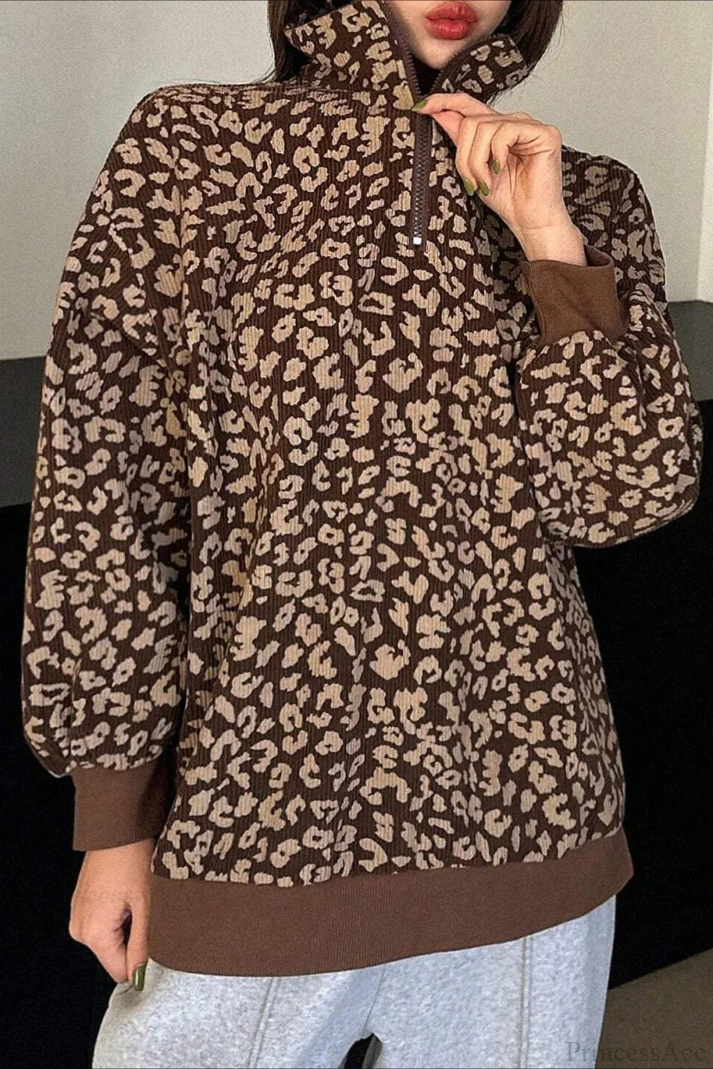 Leopard Print Half-Zip V-Neck Long Sleeve Sweatshirt image 1