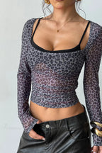 Leopard Print Mock Two-Piece Fitted Long Sleeve Tee image 3