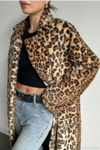 Leopard Print Notched Collar Longline Faux Fur Overcoat image 4