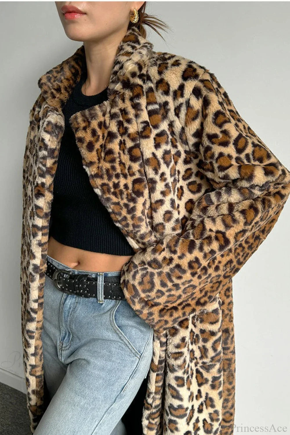 Leopard Print Notched Collar Longline Faux Fur Overcoat image 4