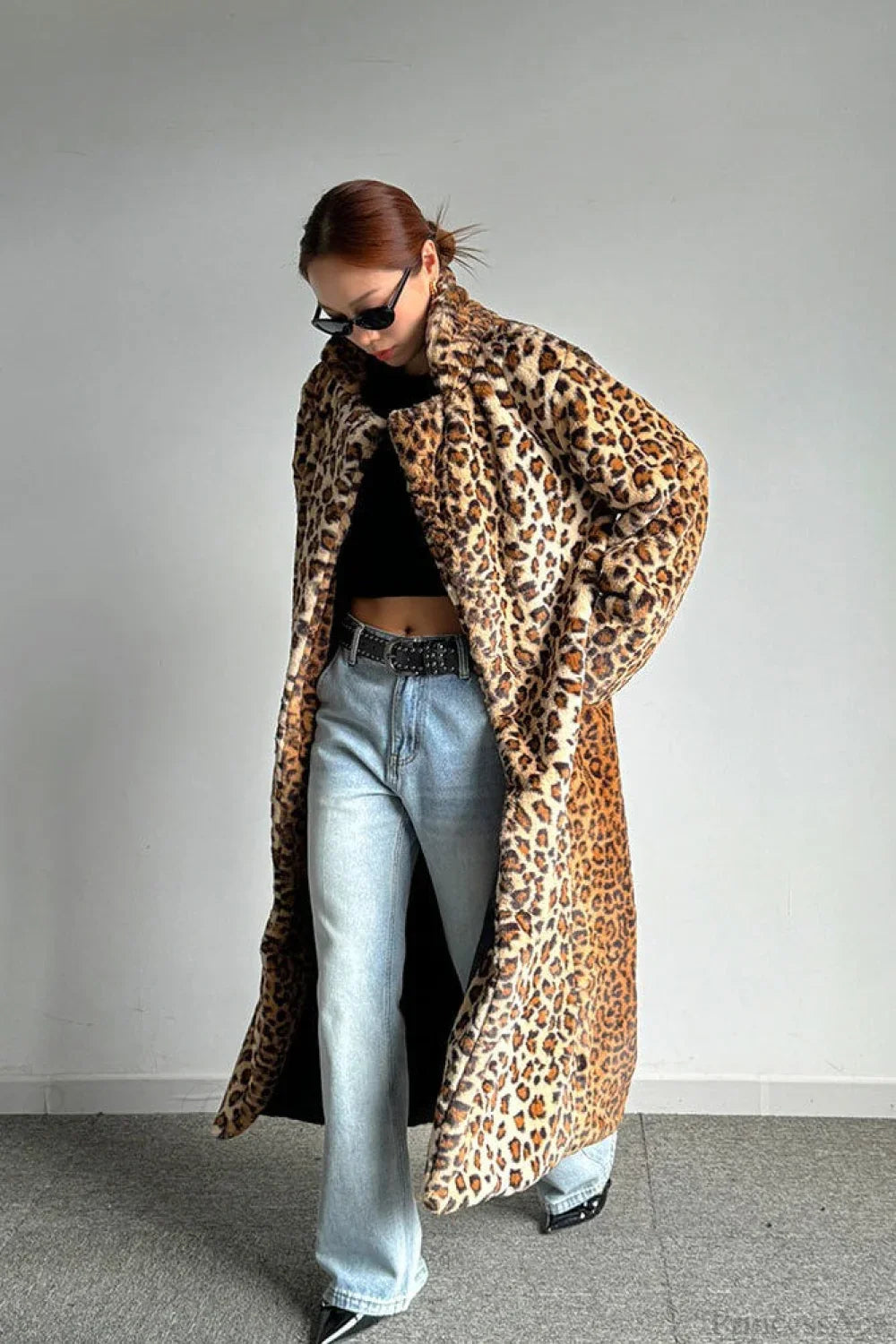 Leopard Print Notched Collar Longline Faux Fur Overcoat image 2