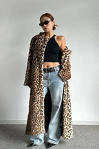 Leopard Print Notched Collar Longline Faux Fur Overcoat image 3