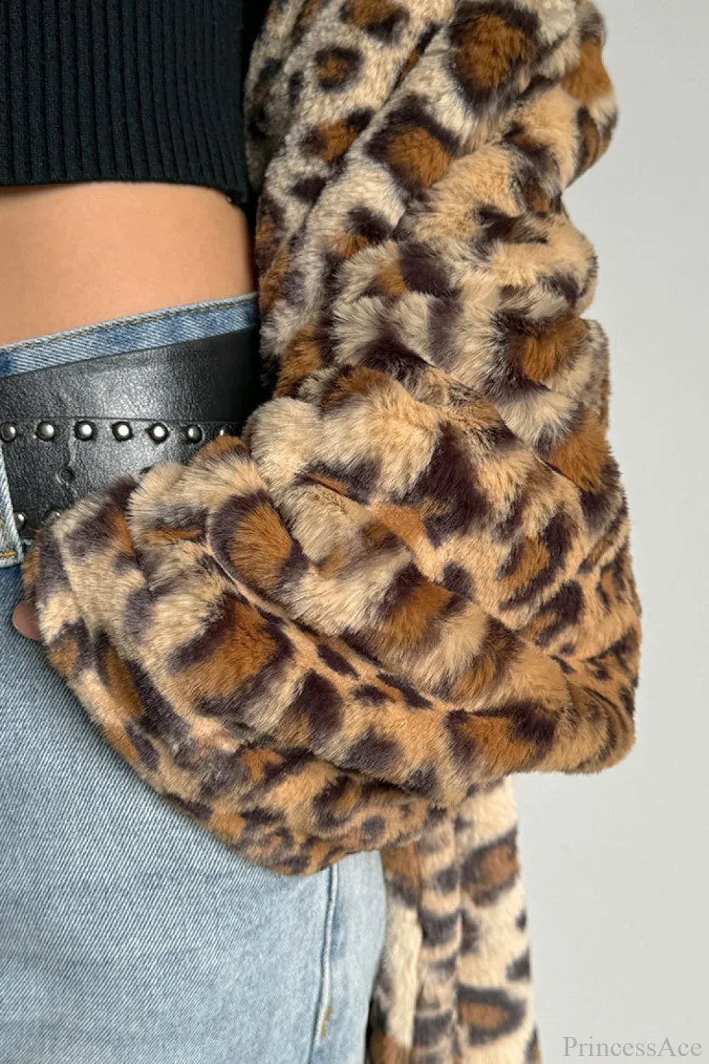 Leopard Print Notched Collar Longline Faux Fur Overcoat image 6
