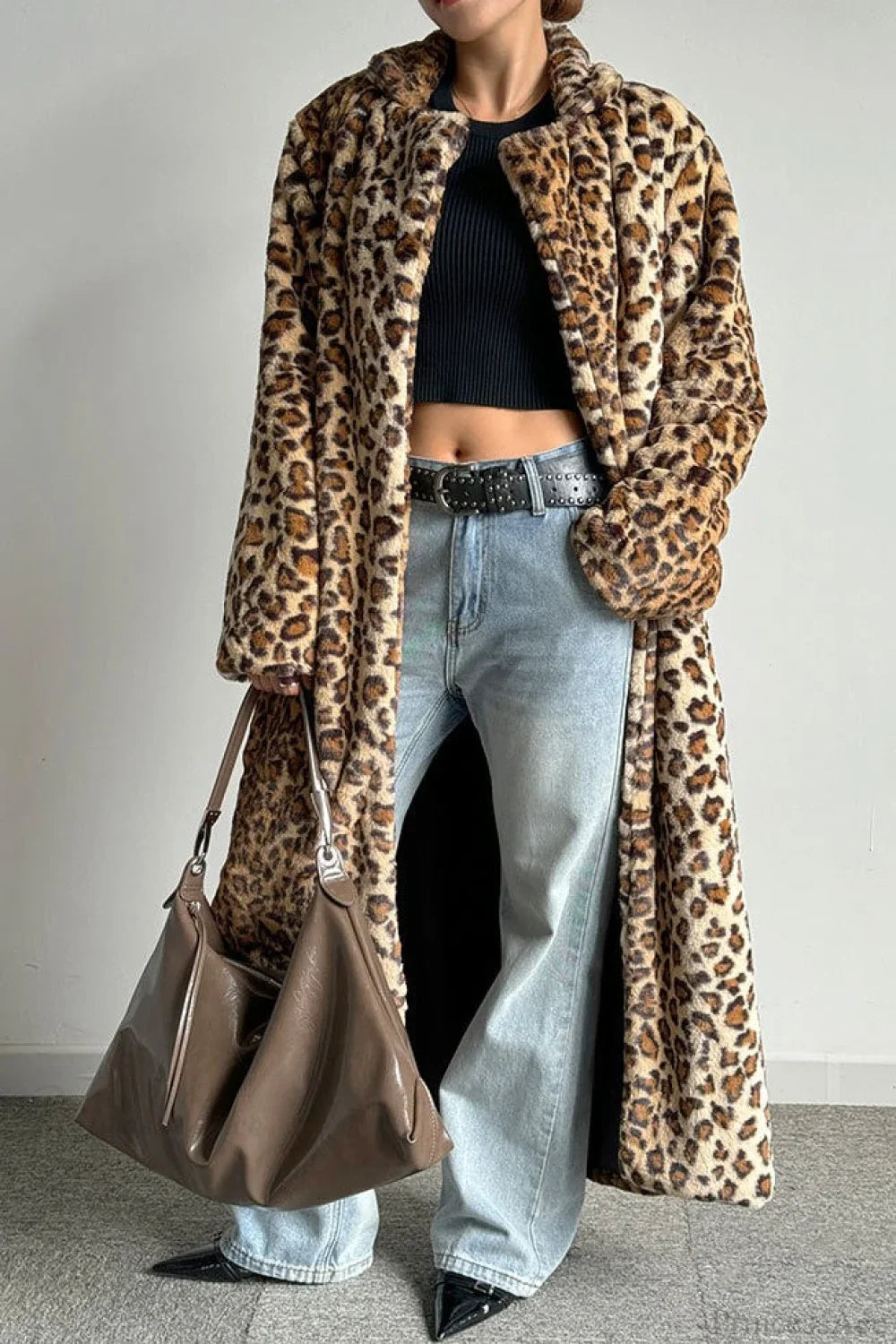 Leopard Print Notched Collar Longline Faux Fur Overcoat image 1