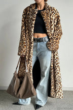 Leopard Print Notched Collar Longline Faux Fur Overcoat image 1