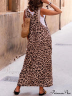 Leopard Print Patchwork Charming Suspender Maxi Dress image 3
