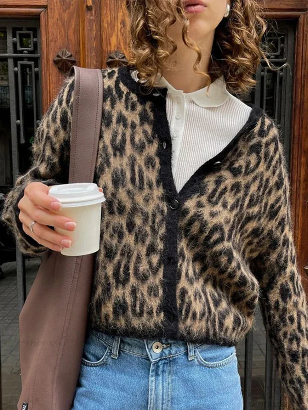 Leopard Print Round Neck Mohair Cardigan image 1