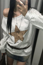 Leopard Print Star Slant Neck Off Shoulder Sweatshirt image 3
