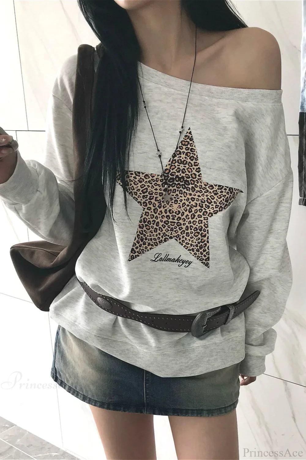Leopard Print Star Slant Neck Off Shoulder Sweatshirt image 2