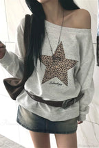 Leopard Print Star Slant Neck Off Shoulder Sweatshirt image 2