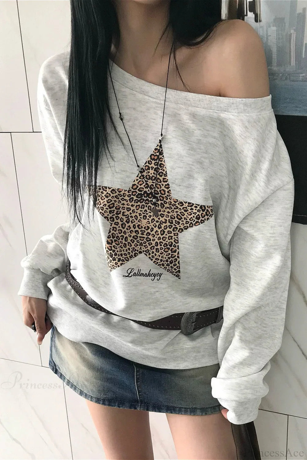 Leopard Print Star Slant Neck Off Shoulder Sweatshirt image 1