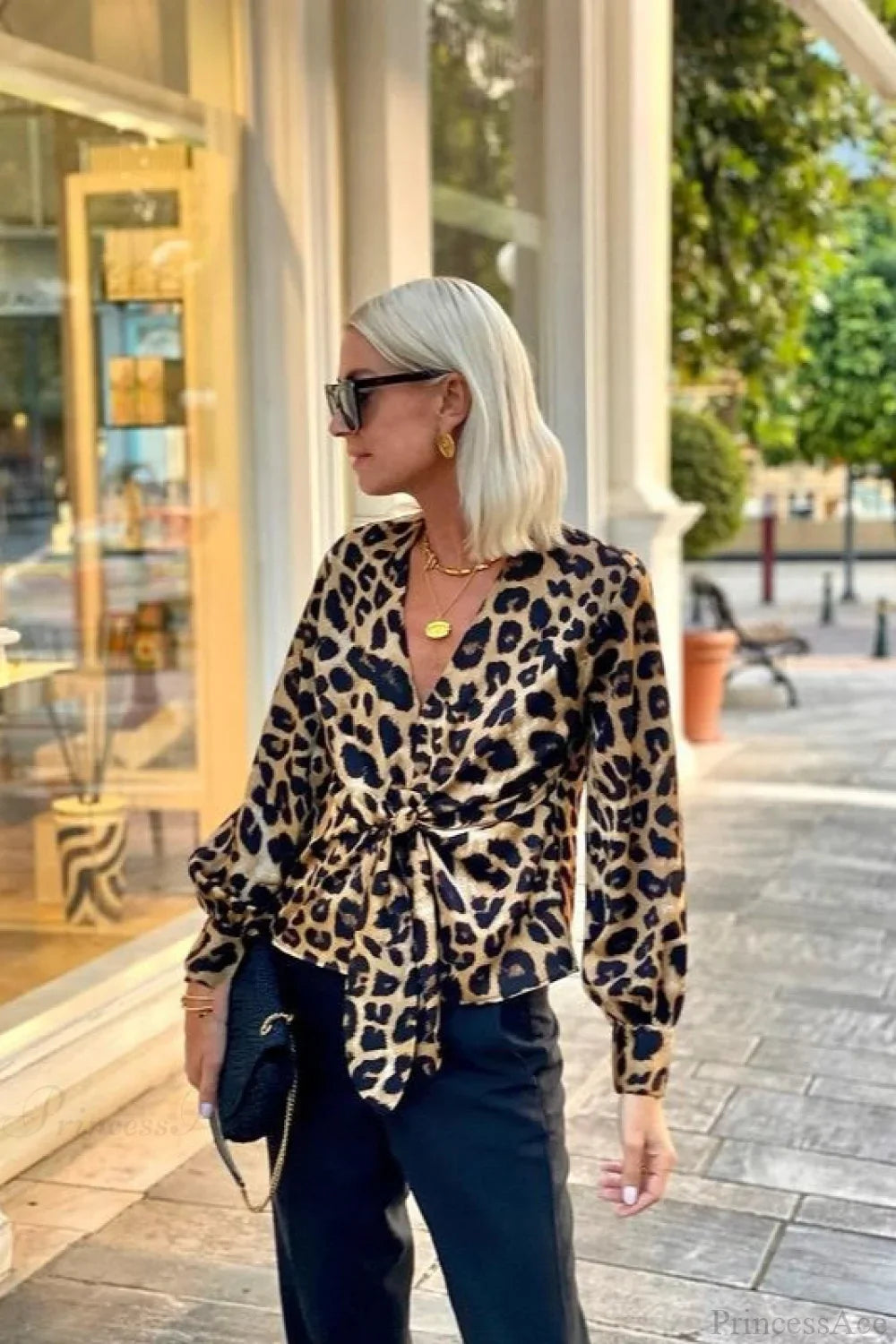 Leopard Print V-Neck Tie Long Sleeve Blouse image 2