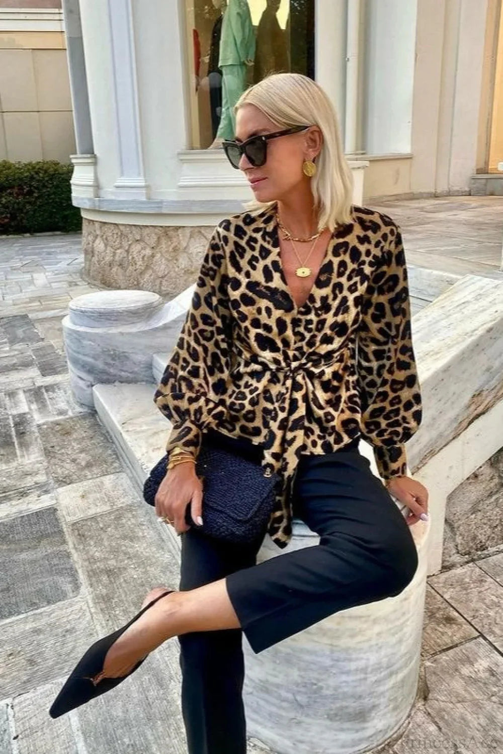 Leopard Print V-Neck Tie Long Sleeve Blouse image 3