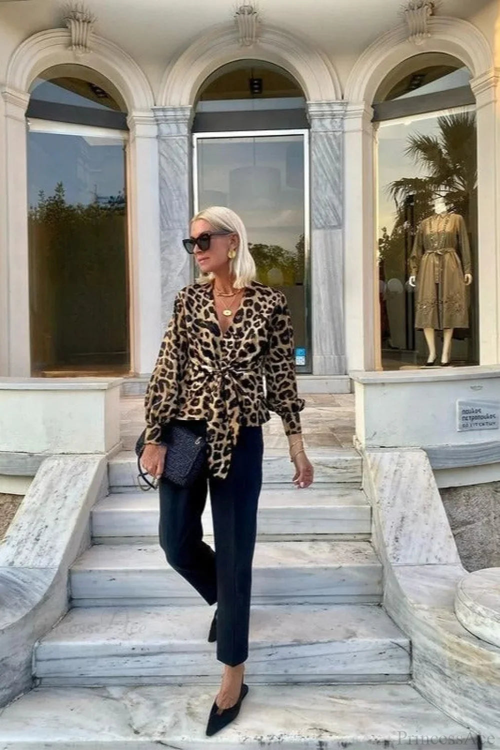 Leopard Print V-Neck Tie Long Sleeve Blouse image 4