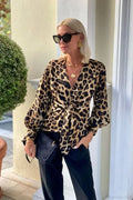 Leopard Print V-Neck Tie Long Sleeve Blouse image 1