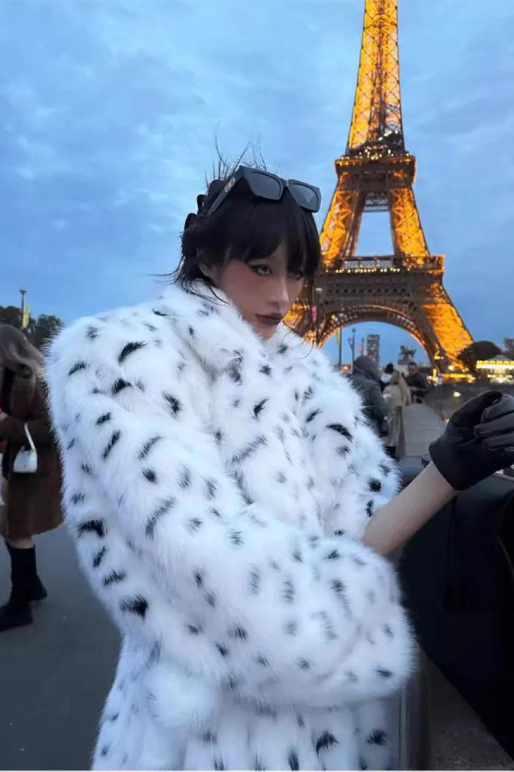 leopard print Warm Faux Fox Fur Notched Collar Loose Overcoat image 5