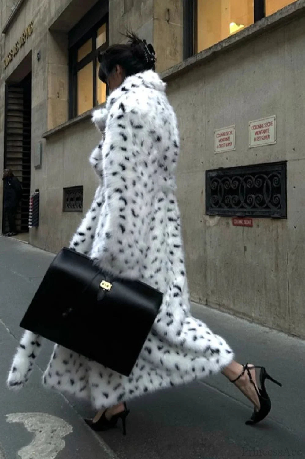 leopard print Warm Faux Fox Fur Notched Collar Loose Overcoat image 4