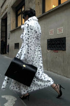 leopard print Warm Faux Fox Fur Notched Collar Loose Overcoat image 4