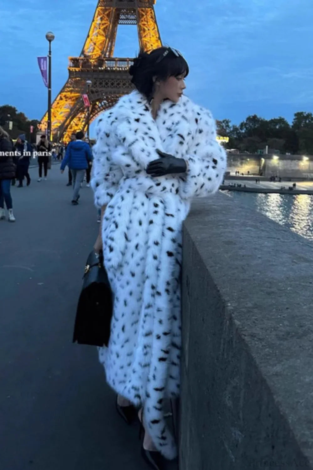 leopard print Warm Faux Fox Fur Notched Collar Loose Overcoat image 6