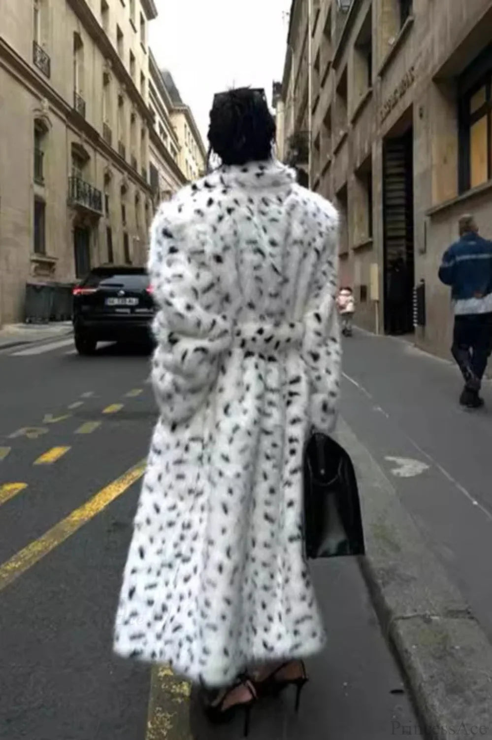 leopard print Warm Faux Fox Fur Notched Collar Loose Overcoat image 2