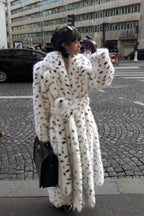 leopard print Warm Faux Fox Fur Notched Collar Loose Overcoat image 1