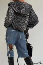 Leopard Print Zip Color-Block Hoodie image 4