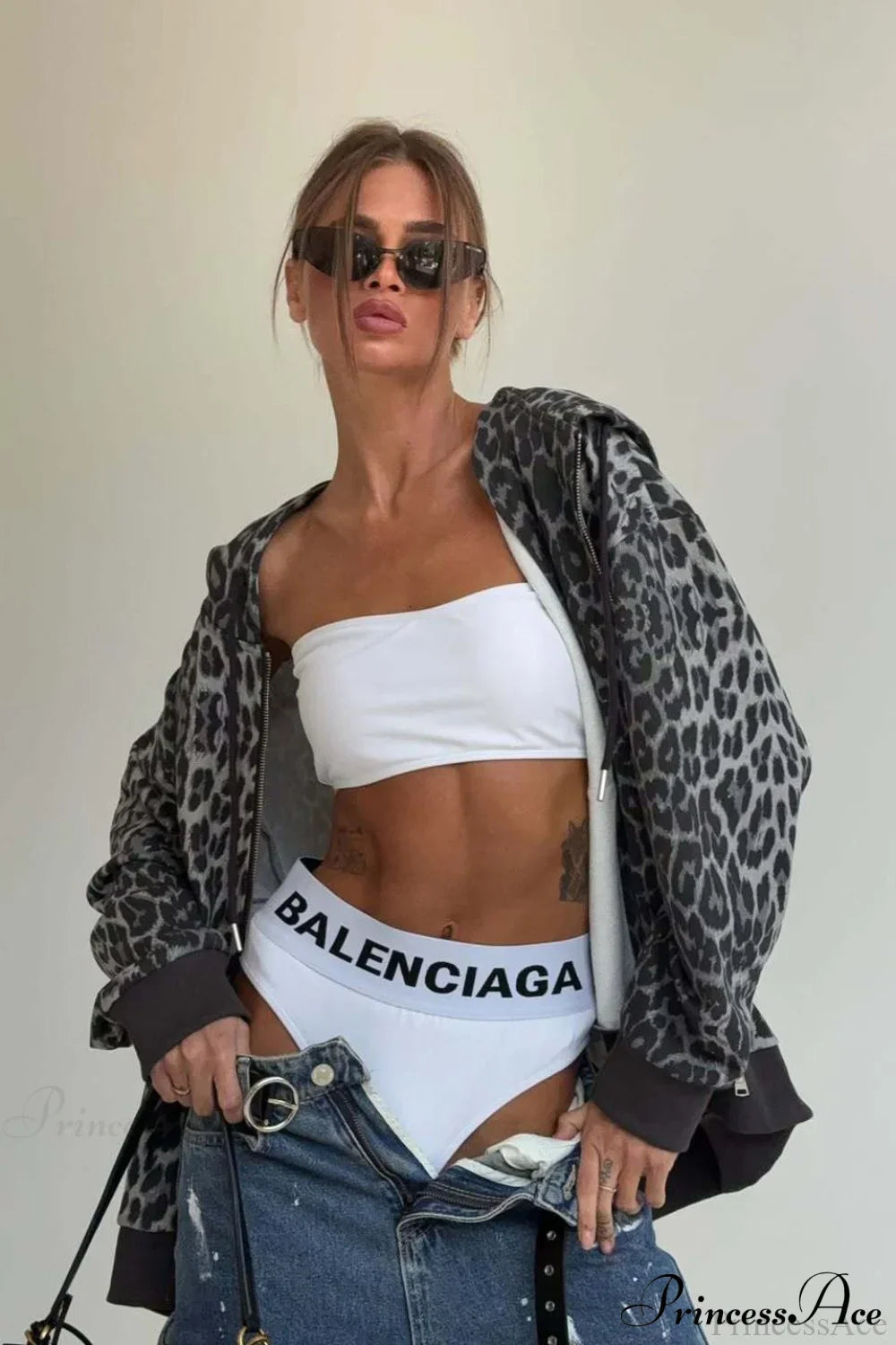 Leopard Print Zip Color-Block Hoodie image 3
