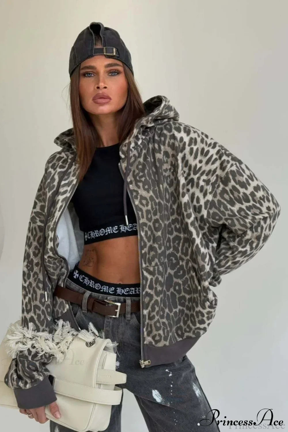 Leopard Print Zip Color-Block Hoodie image 5