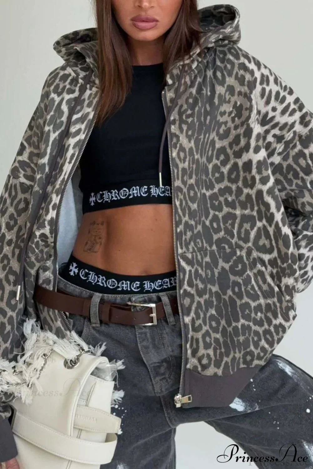 Leopard Print Zip Color-Block Hoodie image 6
