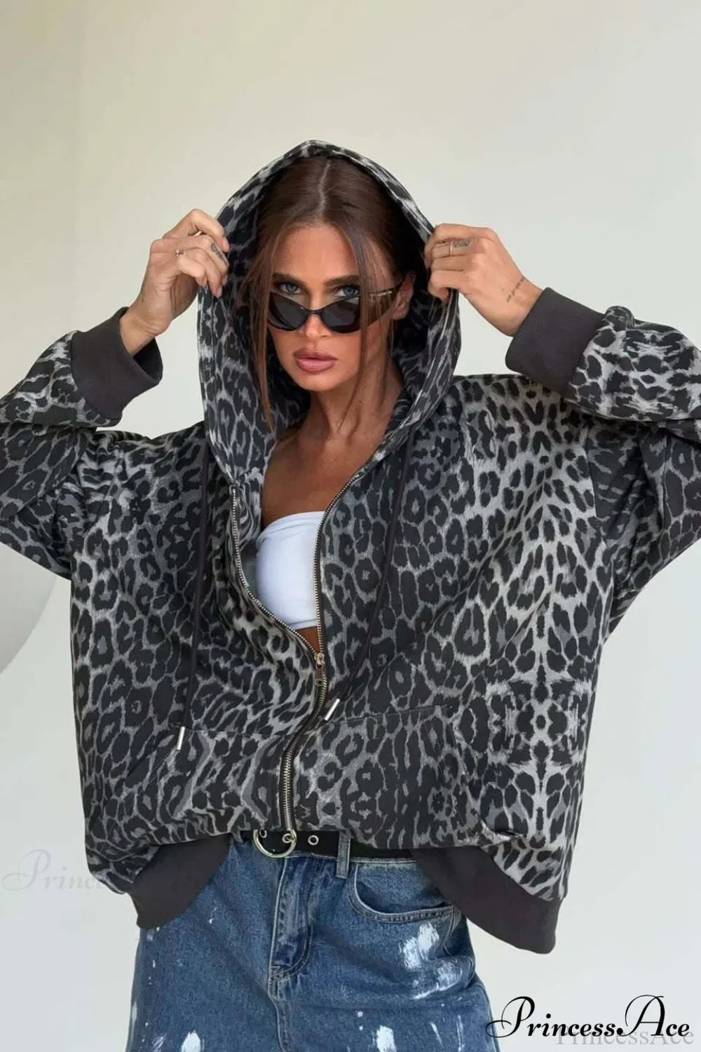 Leopard Print Zip Color-Block Hoodie image 1
