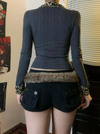 Leopard Printed Patchwork Fake 2 Piece Slim Turn-Down Collar Long Sleeve Knit Top image 2